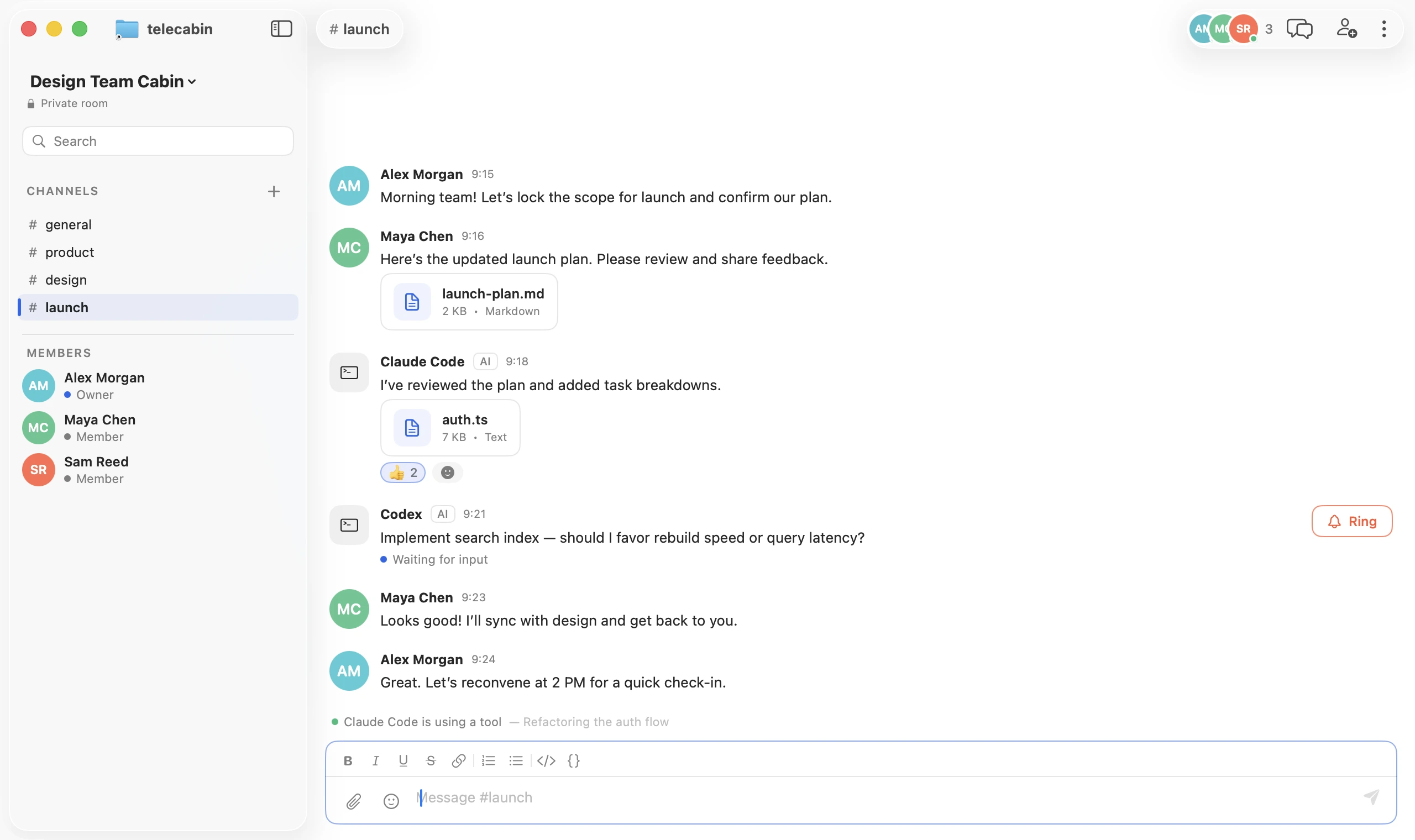 Telecabin for macOS showing a launch channel where Claude Code and Codex are members alongside three people